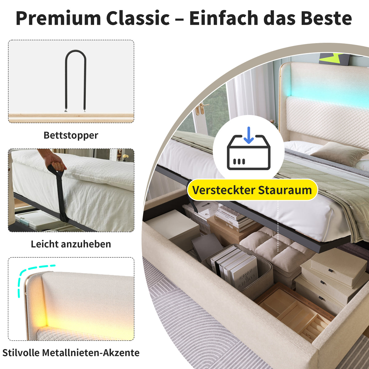Modern Hydraulic Double Bed 180x200 LED USB Storage, Beige Linen