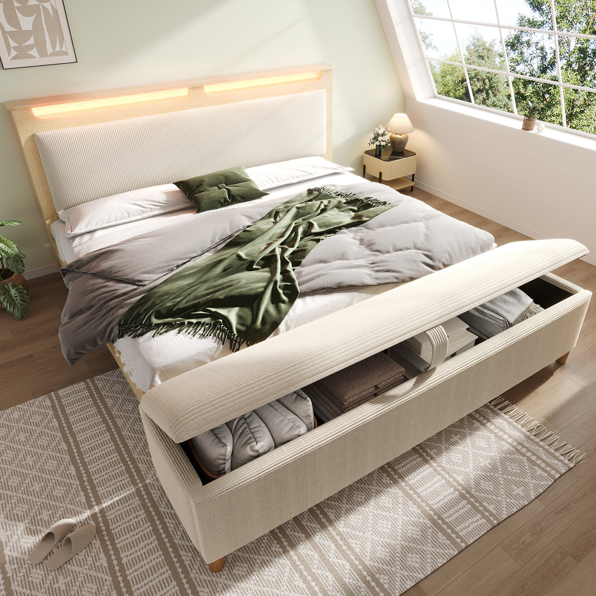 Daybed Loft Bed 140x200 with Desk, Drawers & LED, Black Metal Frame