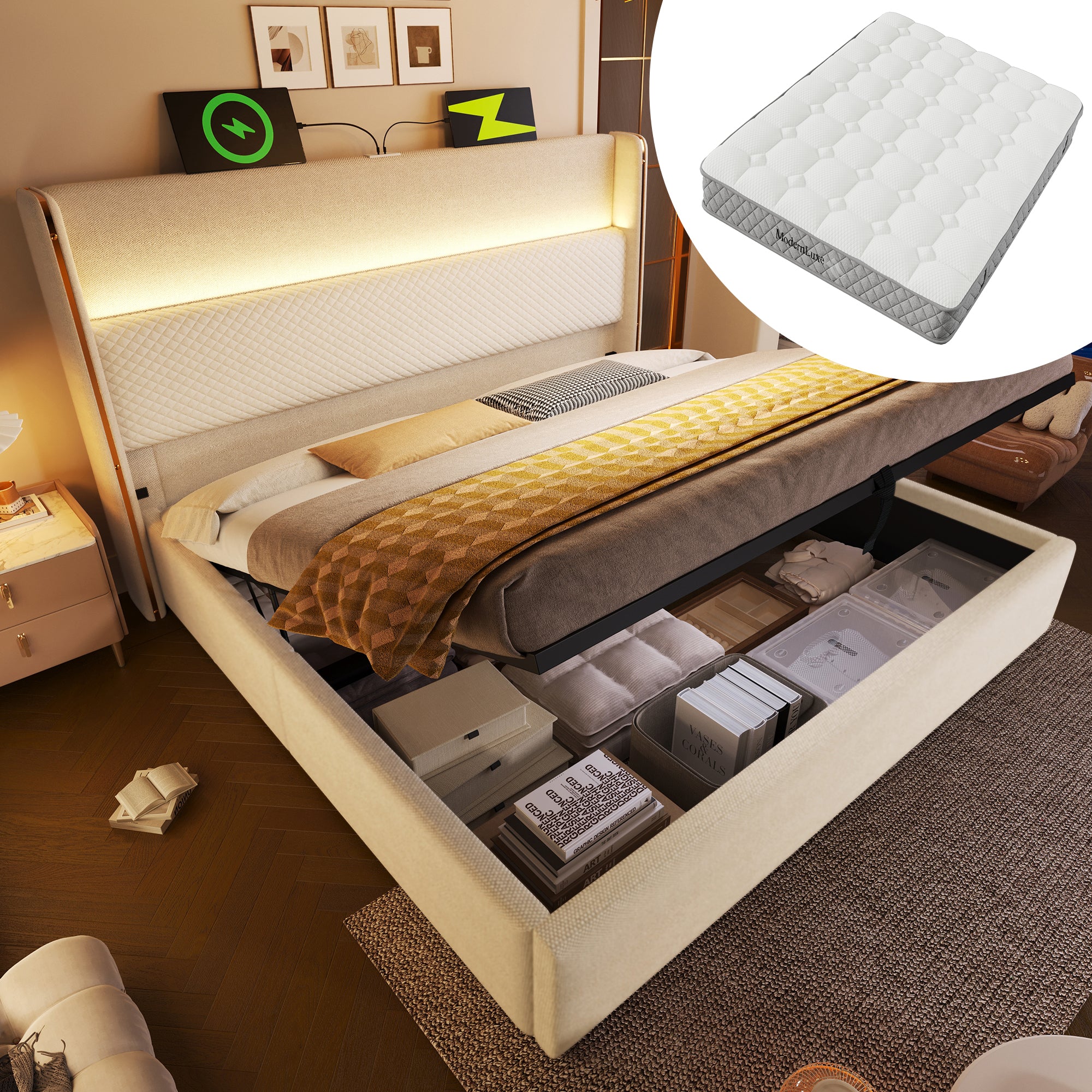 Modern Hydraulic Double Bed 180x200cm LED Storage - Beige Linen