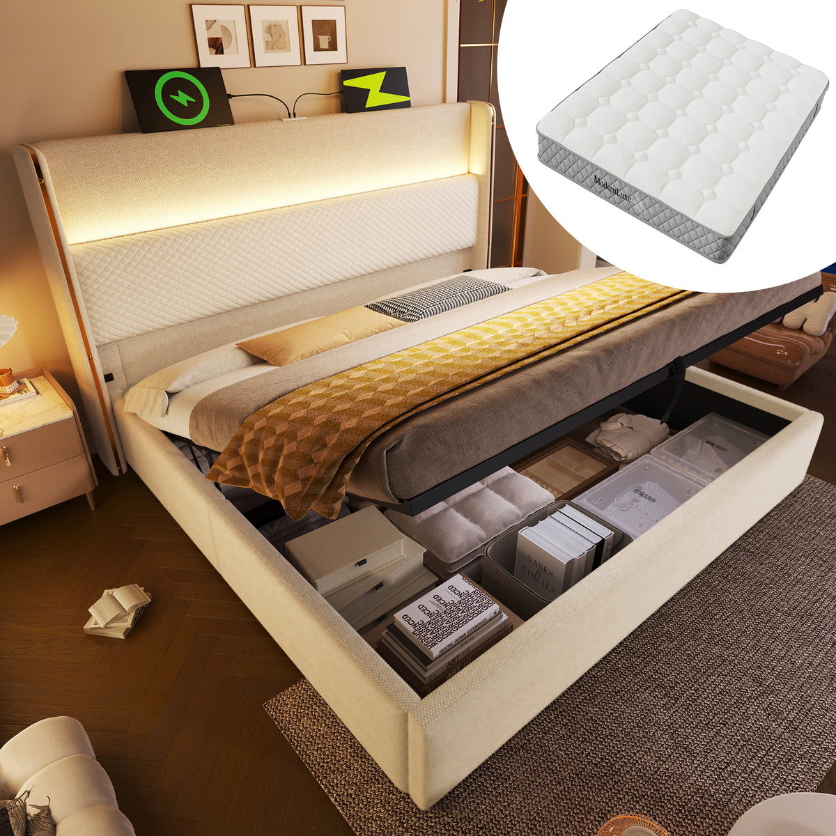 Modern Hydraulic Double Bed 180x200cm LED Storage - Beige Linen